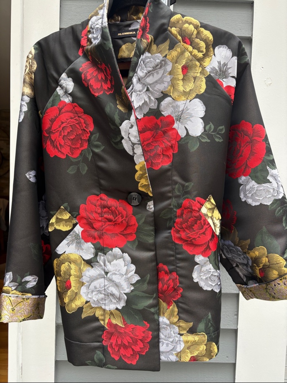 Black Floral Satin Blazer with Red, Gold and White Blooms